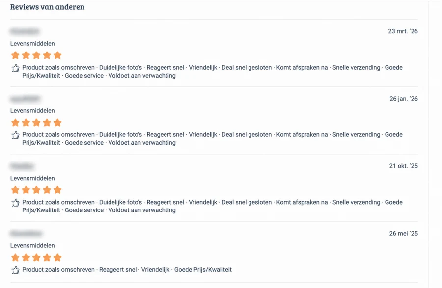 Screenshot van vier eerdere Marktplaats-reviews in de categorie Levensmiddelen, elk met vijf sterren. Namen zijn geblurd.