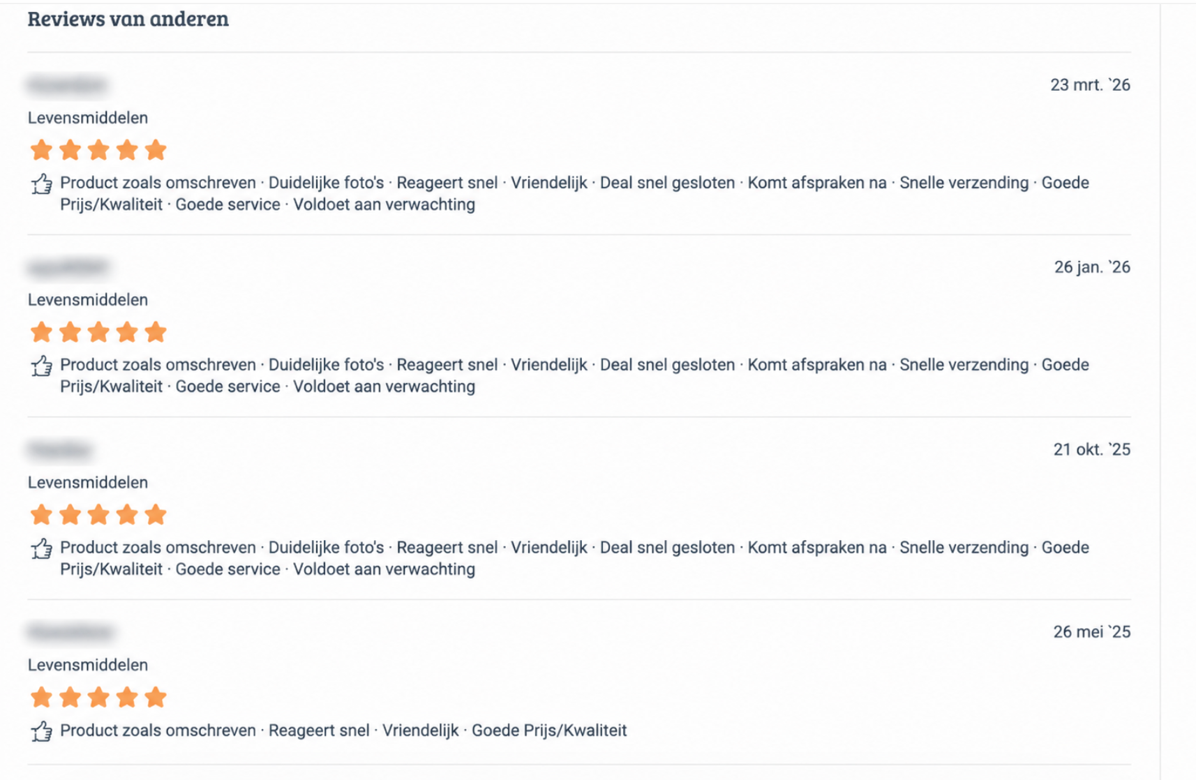 Screenshot van vier eerdere Marktplaats-reviews in de categorie Levensmiddelen, elk met vijf sterren. Namen zijn geblurd.