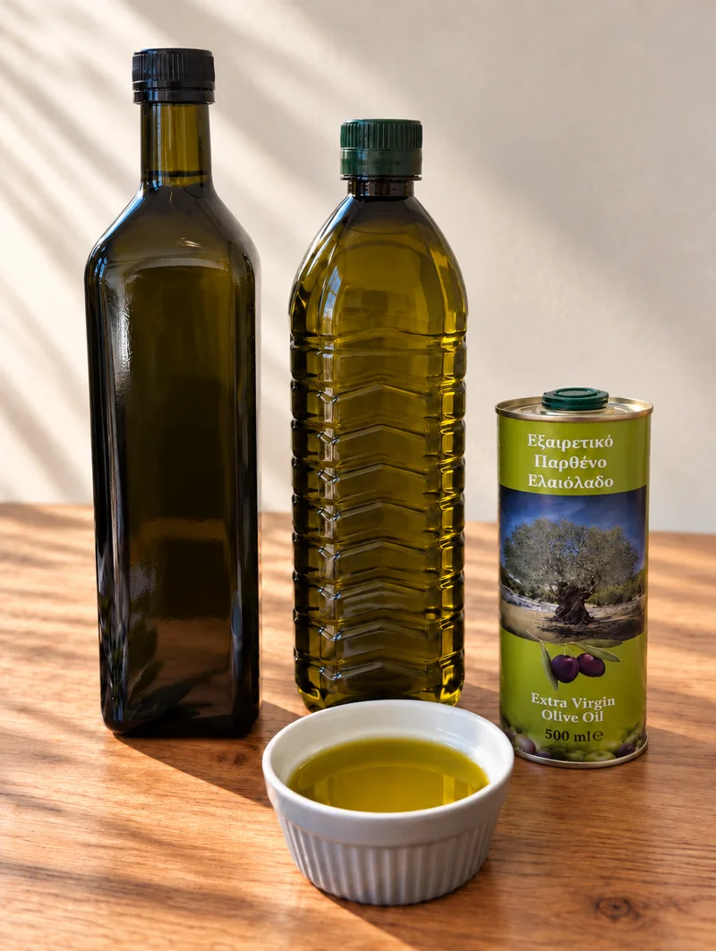 Onze extra vierge olijfolie: een glazen fles van 1 liter, een kunststof fles van 1 liter en een blik van 500 ml op een houten tafel.
