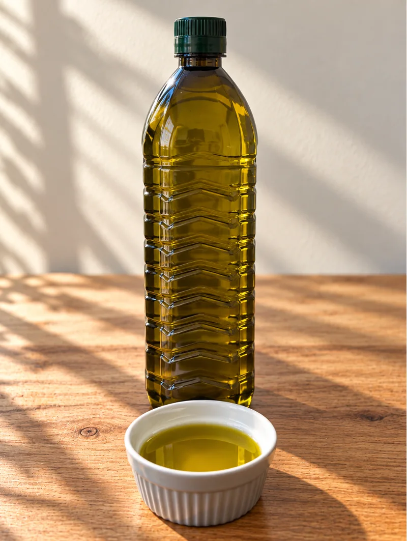 Extra vierge olijfolie in een kunststof fles van 1 liter.